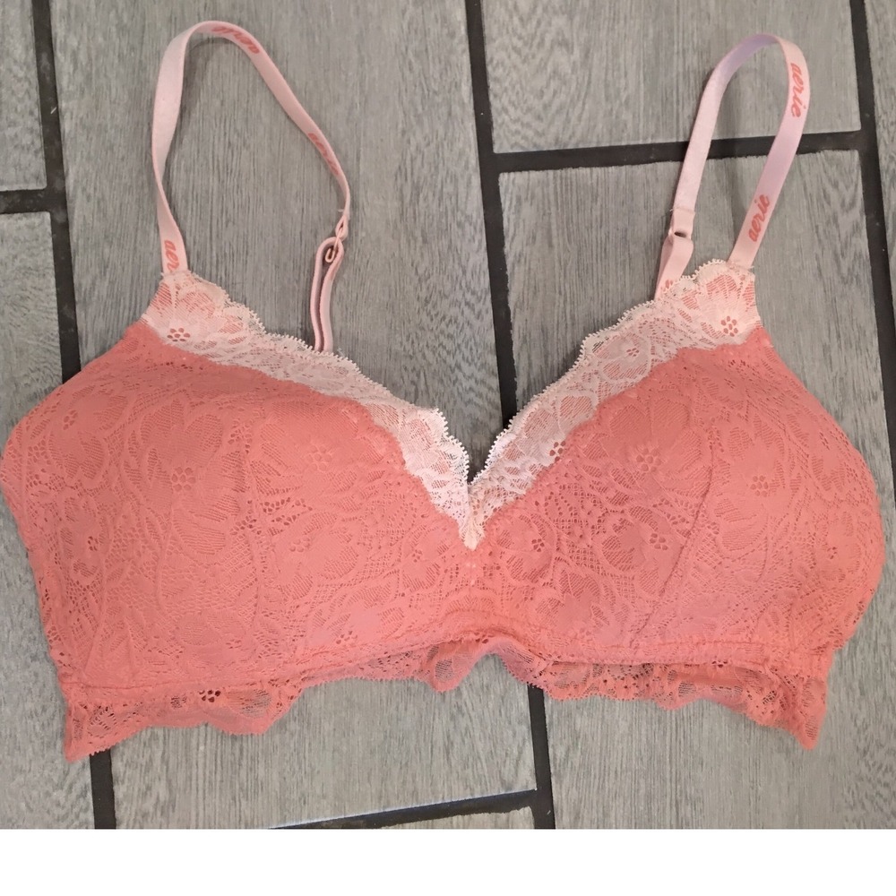 Aerie Coral Pink Floral Lace Wireless Bralette Lightly‎ Padded 36C Pink Straps